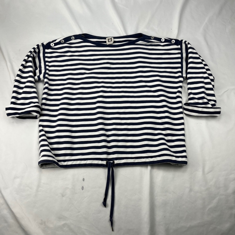 Anne Klein Nautical Boat Neck Striped Navy Blue White Drawstring Hem Sweatshirt